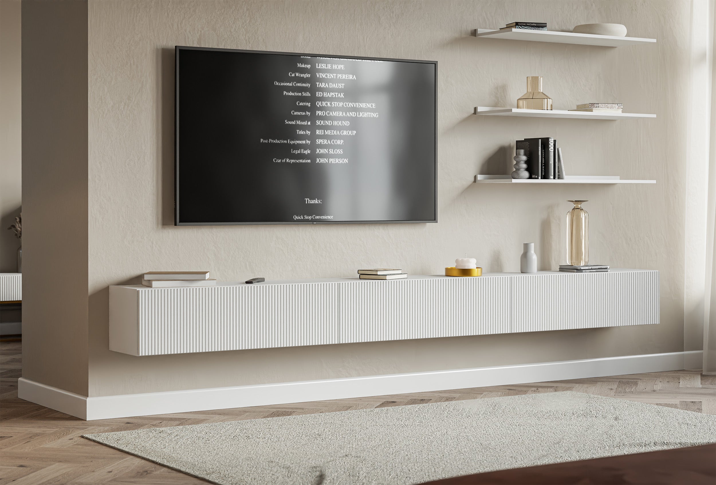 Meuble TV suspendu Veldio à trois portes avec façade rainurée, 300 cm, gris-beige