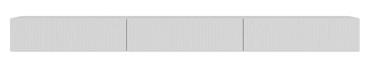Meuble TV suspendu Veldio trois portes avec façade rainurée 300 cm blanc