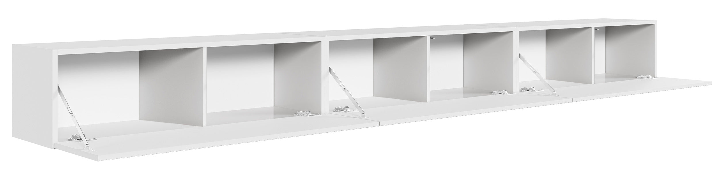 Meuble TV suspendu Veldio à trois portes avec façade rainurée, 300 cm, gris-beige