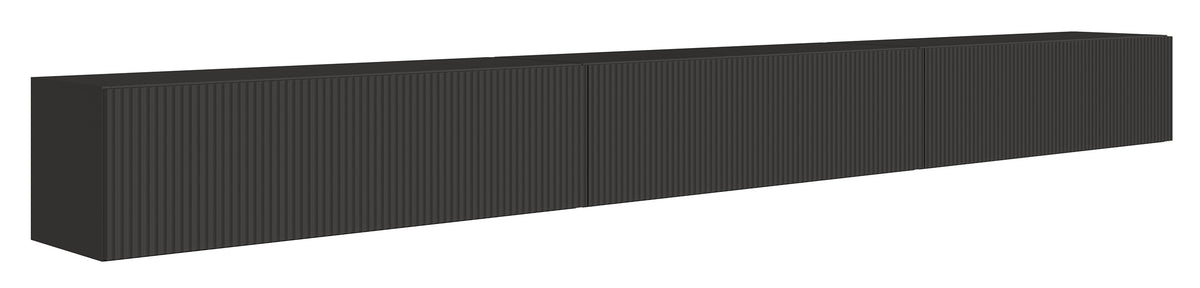 Meuble TV suspendu Veldio trois portes avec façade rainurée 300 cm noir