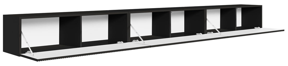 Meuble TV suspendu Veldio trois portes avec façade rainurée 300 cm noir