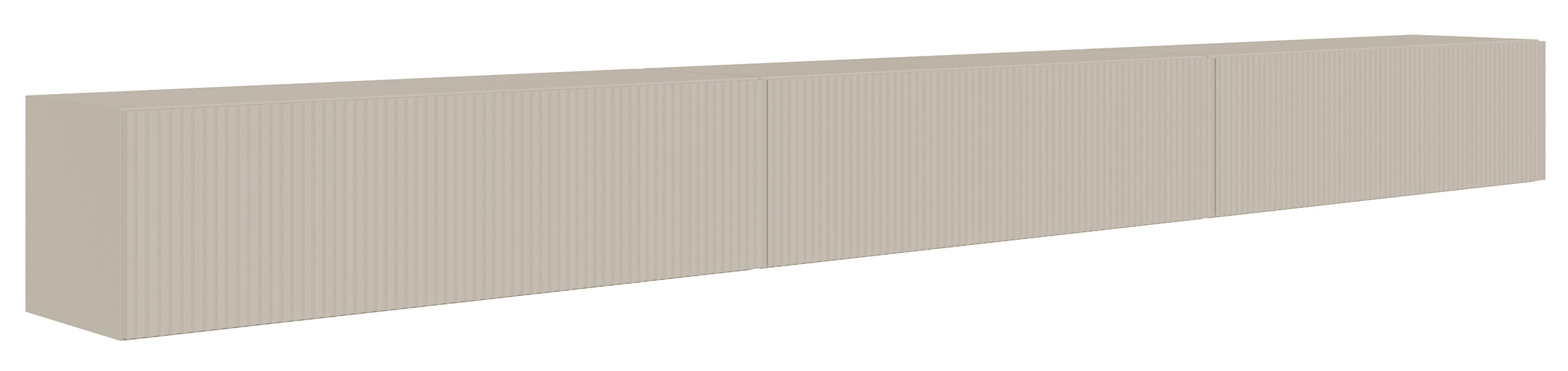 Meuble TV suspendu Veldio à trois portes avec façade rainurée, 300 cm, gris-beige