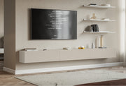 Meuble TV suspendu Veldio à trois portes avec façade rainurée, 300 cm, gris-beige