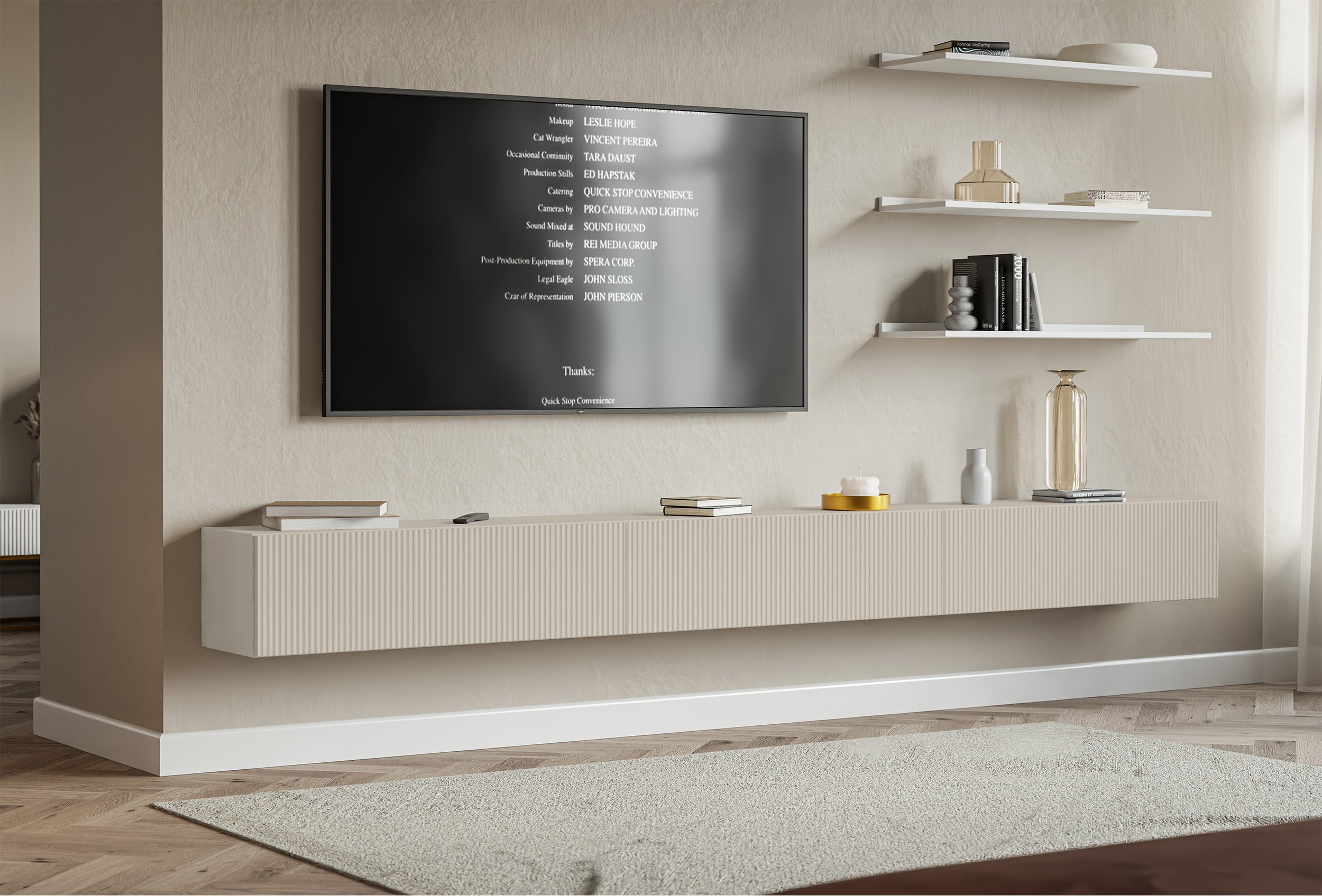Meuble TV suspendu Veldio à trois portes avec façade rainurée, 300 cm, gris-beige