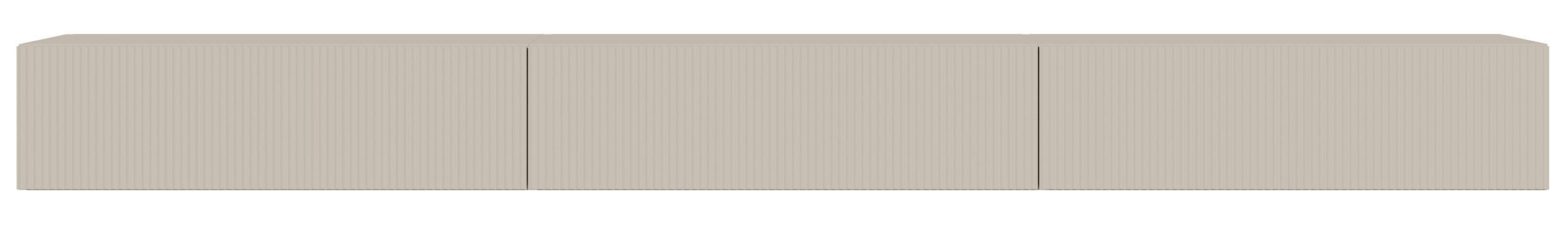 Meuble TV suspendu Veldio à trois portes avec façade rainurée, 300 cm, gris-beige