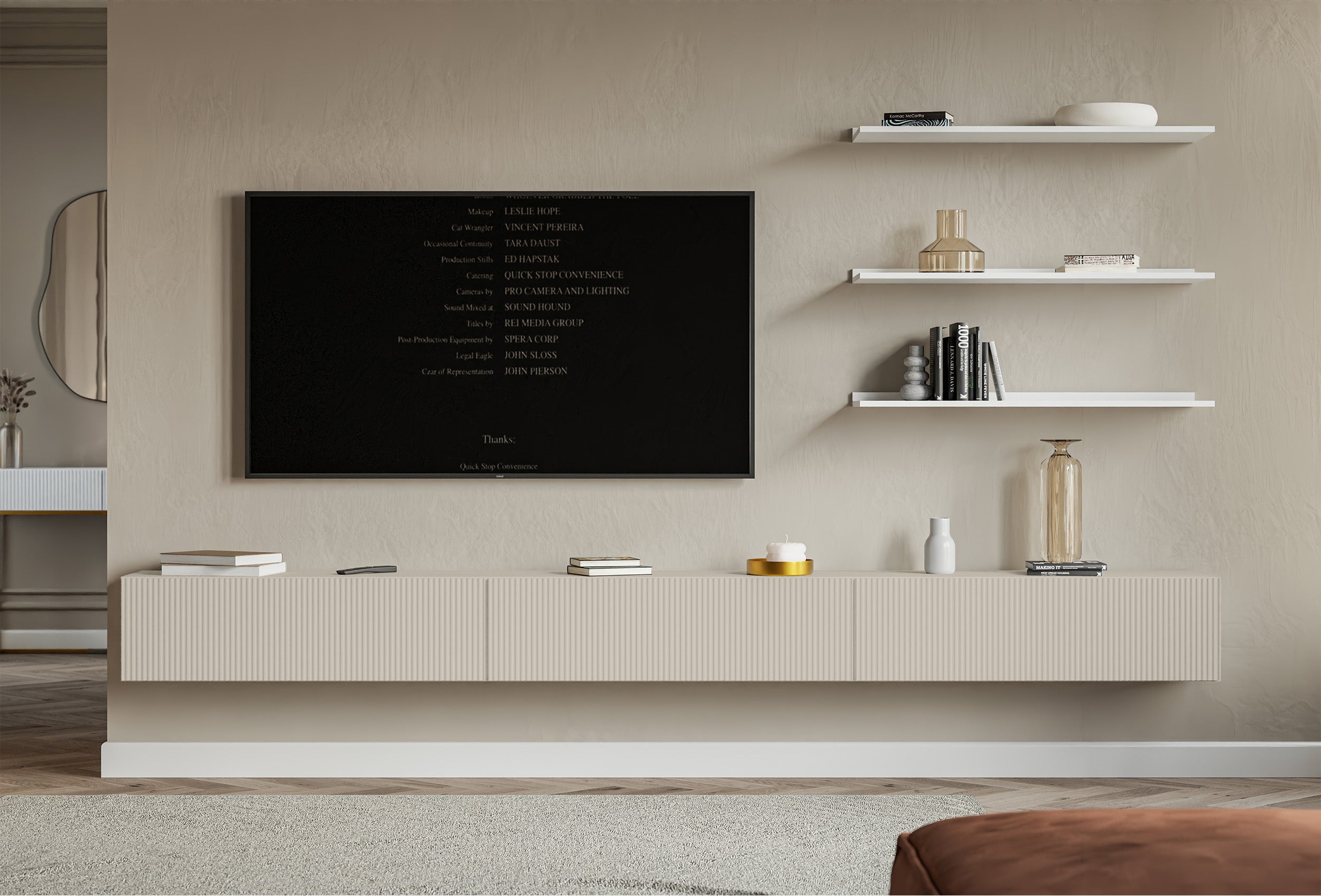 Meuble TV suspendu Veldio à trois portes avec façade rainurée, 300 cm, gris-beige