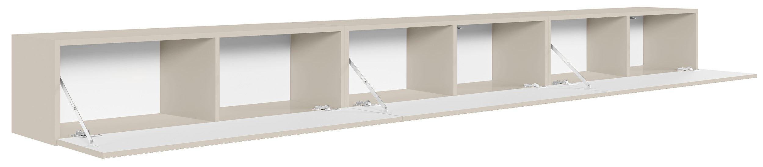 Meuble TV suspendu Veldio à trois portes avec façade rainurée, 300 cm, gris-beige