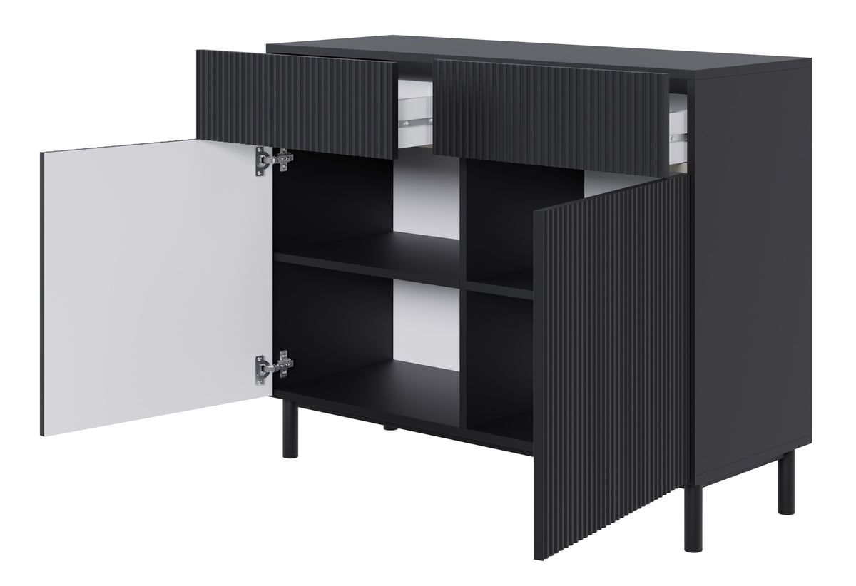 Zweiturige Kommode Veldio New mit gefräster Front und zwei Schubladen, 100 cm, schwarz