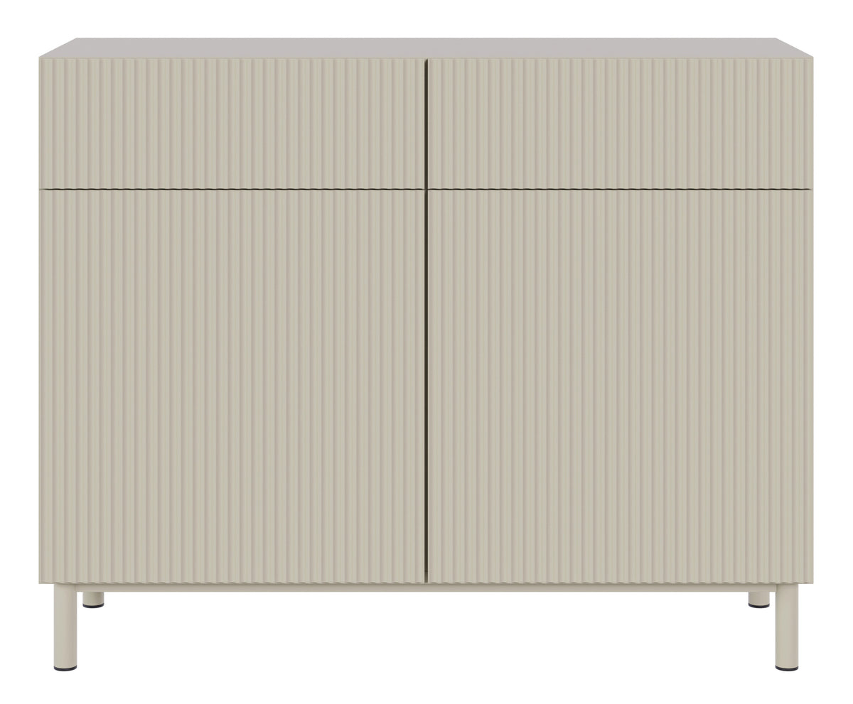 Zweiturige Kommode Veldio New mit gefräster Front und zwei Schubladen, 100 cm, grau-beige