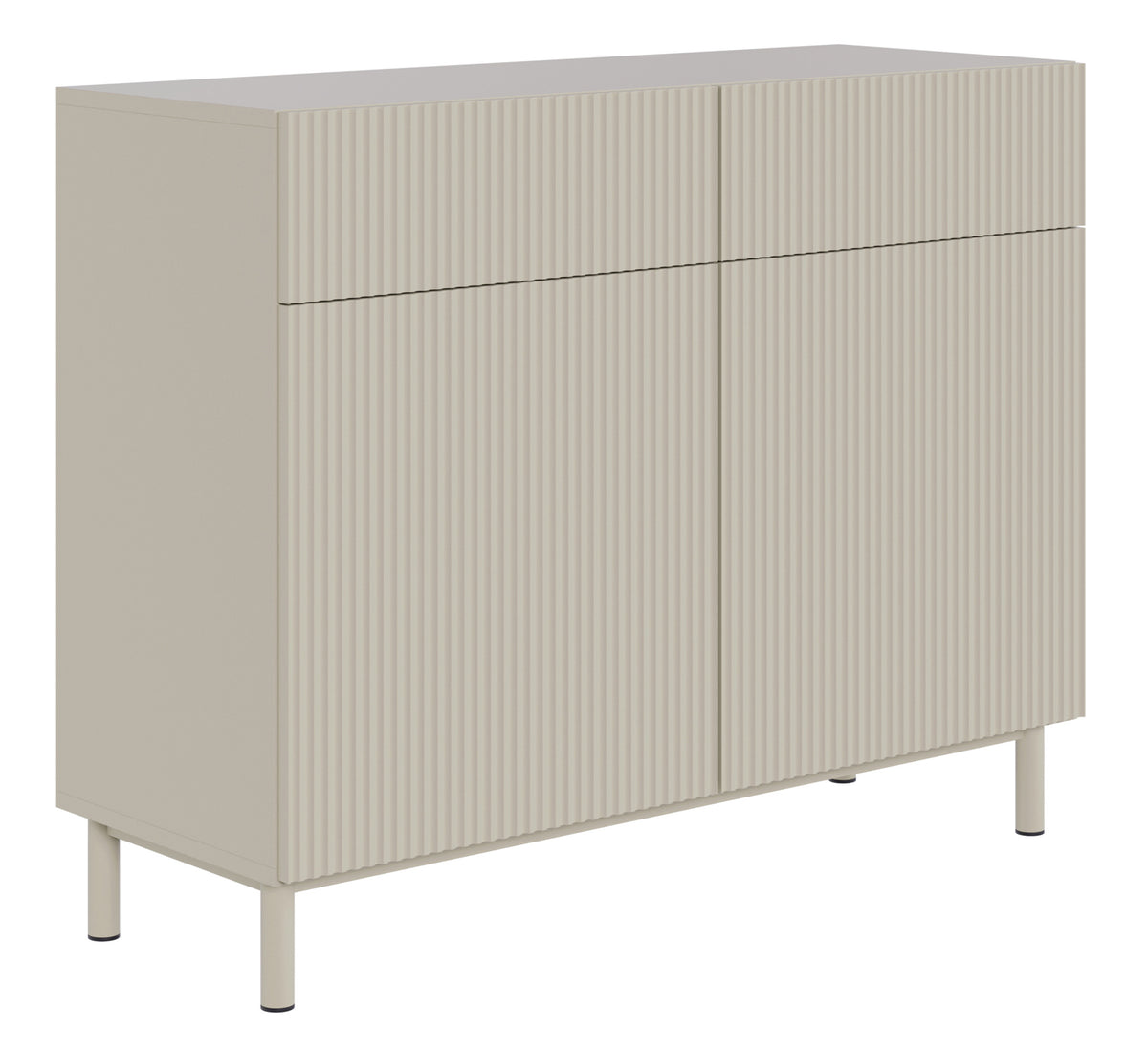 Zweiturige Kommode Veldio New mit gefräster Front und zwei Schubladen, 100 cm, grau-beige