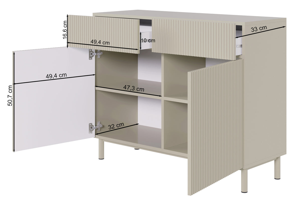 Zweiturige Kommode Veldio New mit gefräster Front und zwei Schubladen, 100 cm, grau-beige