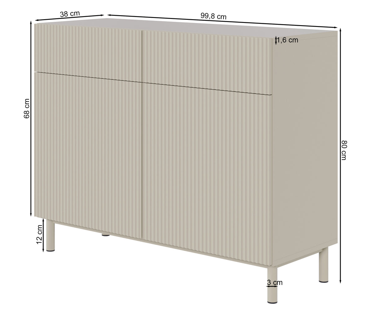 Zweiturige Kommode Veldio New mit gefräster Front und zwei Schubladen, 100 cm, grau-beige