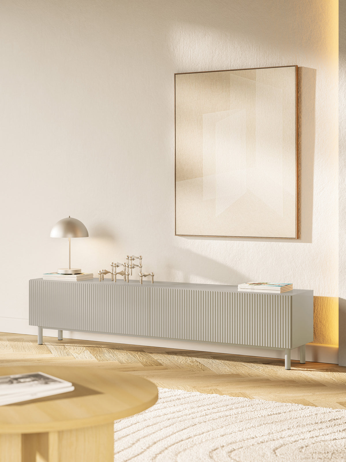 Meuble TV Veldio New avec façade rainurée 175 cm gris beige