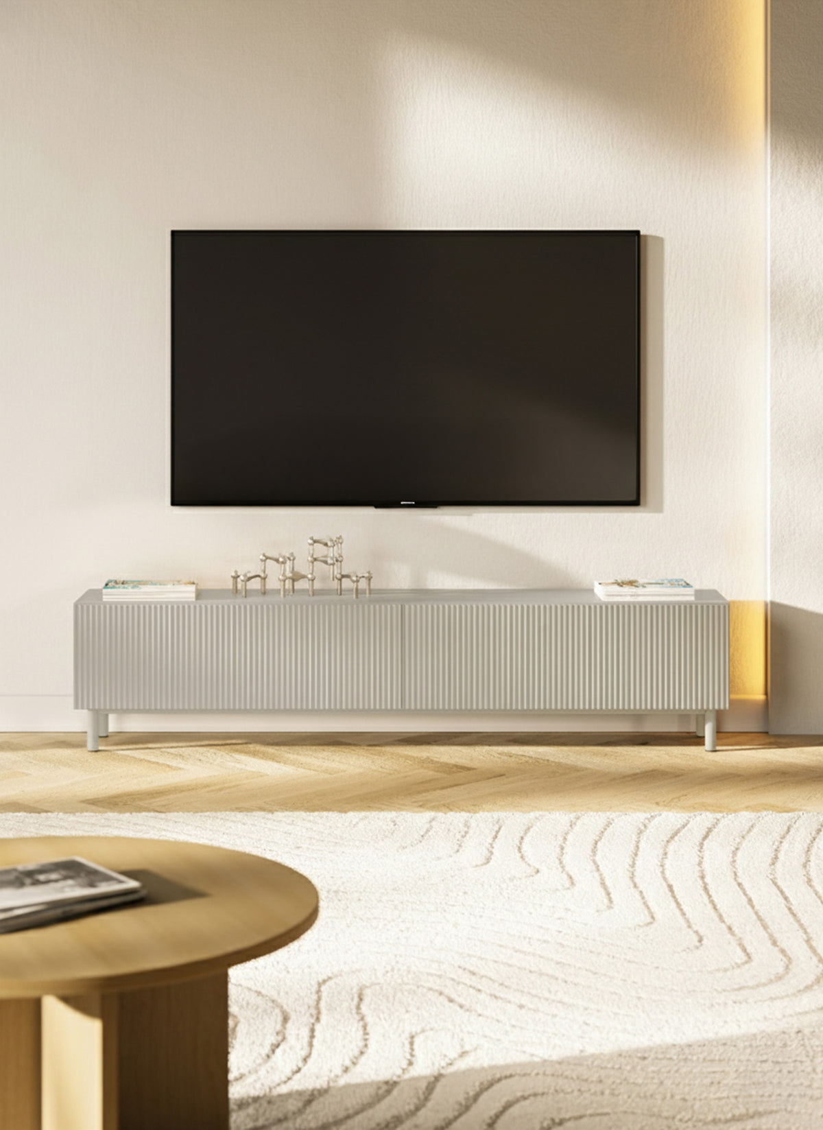 Meuble TV Veldio New avec façade rainurée 175 cm gris beige