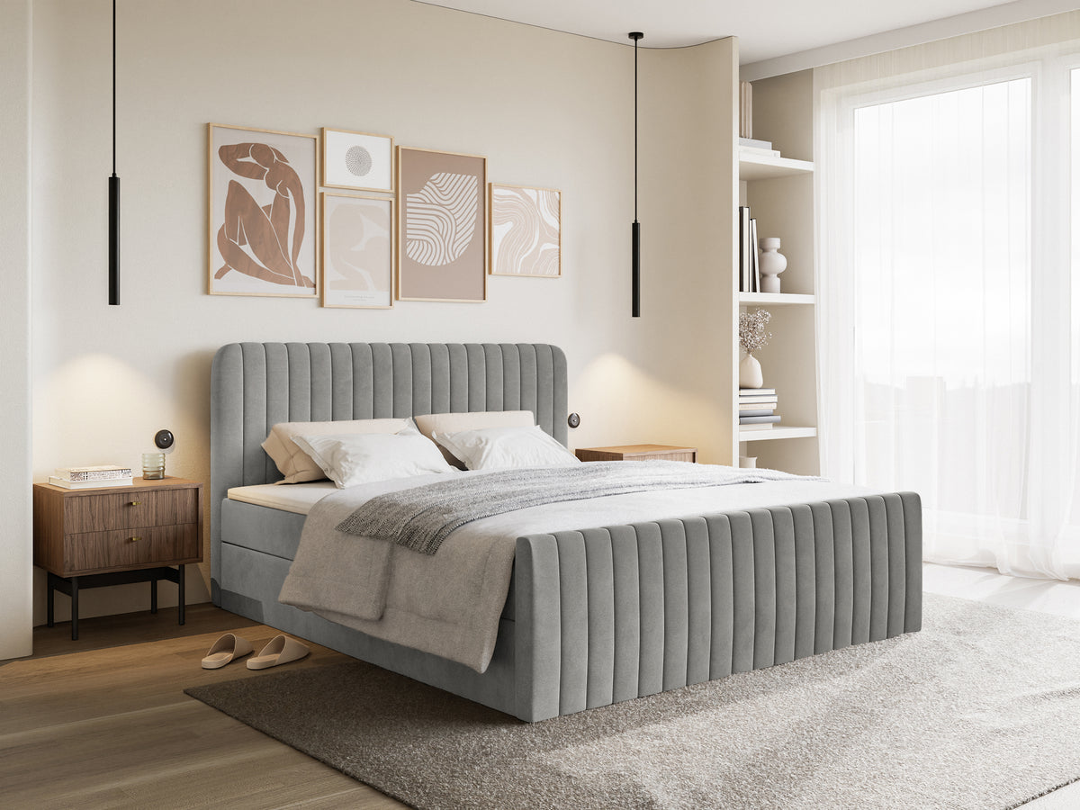 Lit continental 140x200 cm Saliano avec rangements et surmatelas en velours gris
