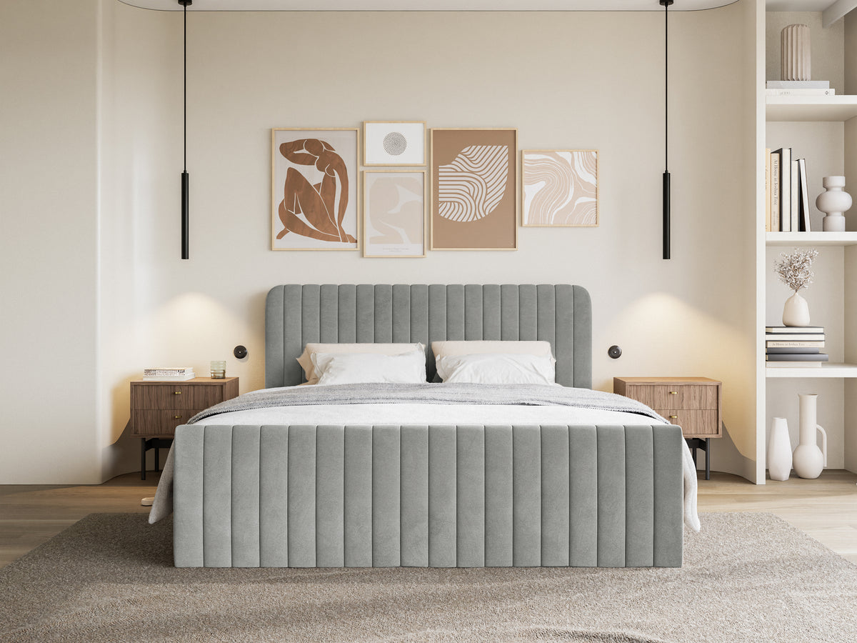 Lit continental 140x200 cm Saliano avec rangements et surmatelas en velours gris