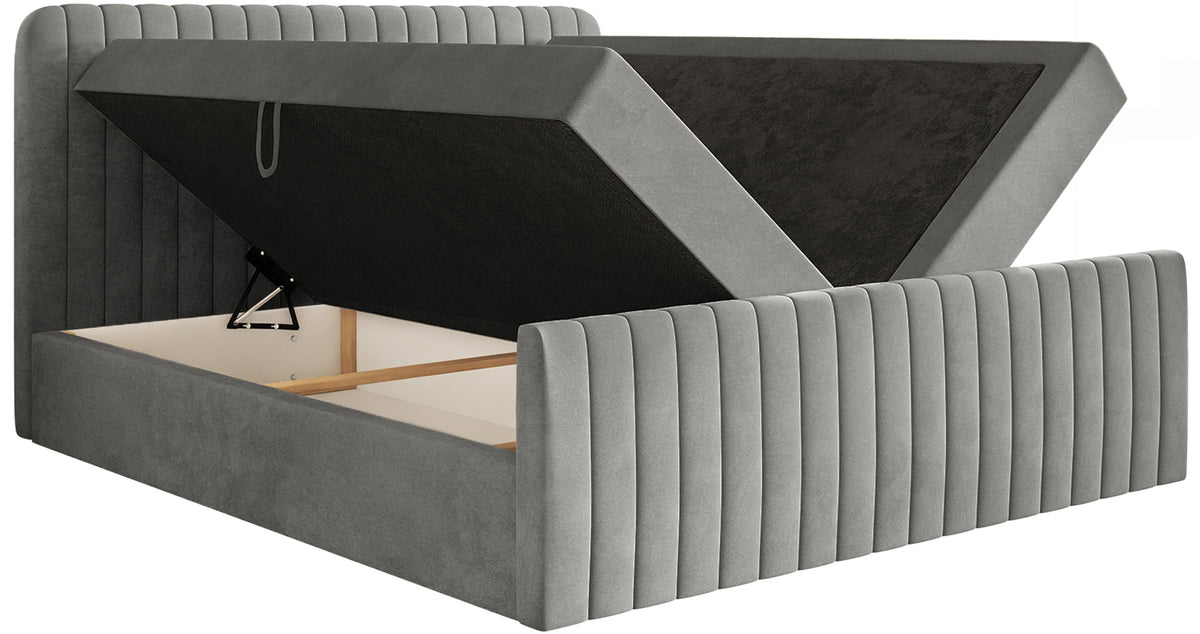 Lit continental 140x200 cm Saliano avec rangements et surmatelas en velours gris