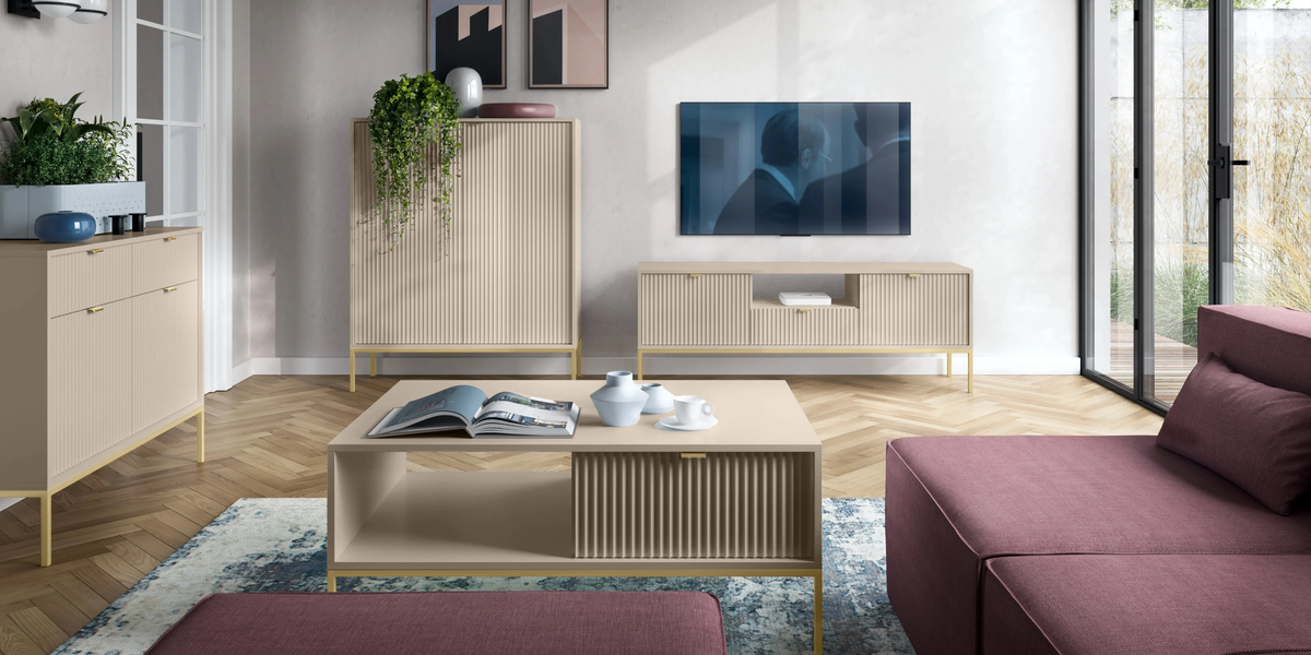 Zweiturige Kommode Vellore 104 cm beige mit gerillten Fronten und goldenem Gestell