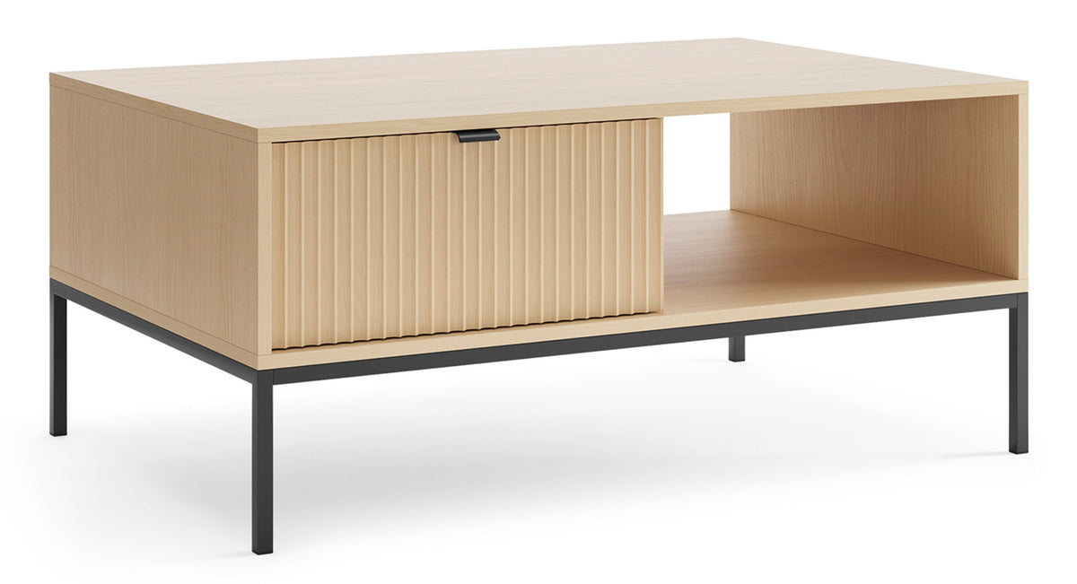 Table basse Vellore avec deux tiroirs et façade cannelée 104x68 cm chêne Vicenza sur pieds noirs