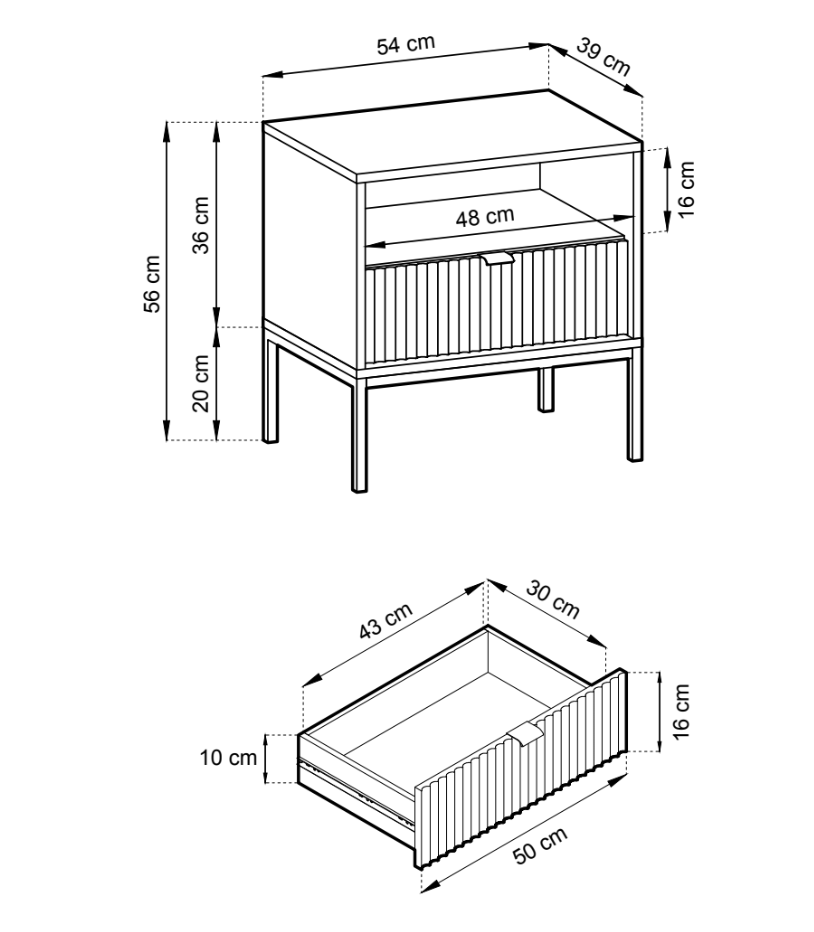 Table de chevet Vellore 54 cm verte avec façade rainurée, poignées noires et structure