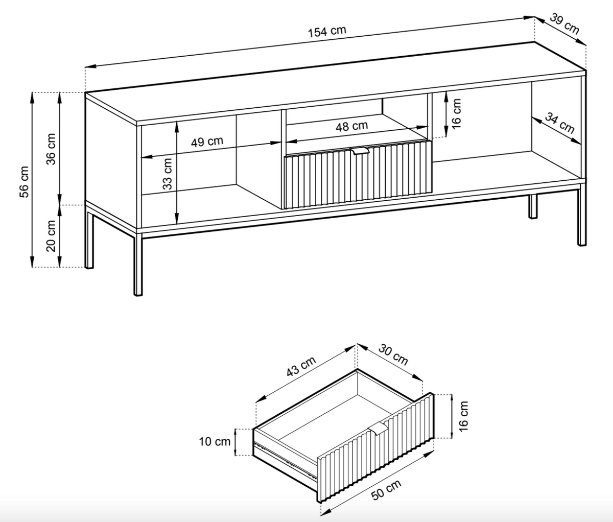 Meuble TV Vellore 154 cm cachemire avec façades rainurées et structure dorée