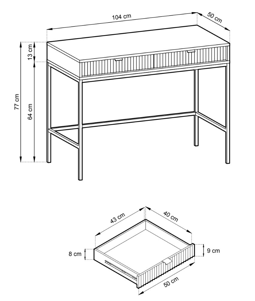 Schminktisch Vellore 104 cm grün mit geriffelten Fronten, goldenen Griffen und Gestell