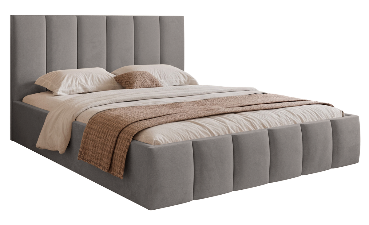 Polsterbett 180x200 cm Sarafino mit Bettkasten, hellgrauer Samt, Metalllattenrost
