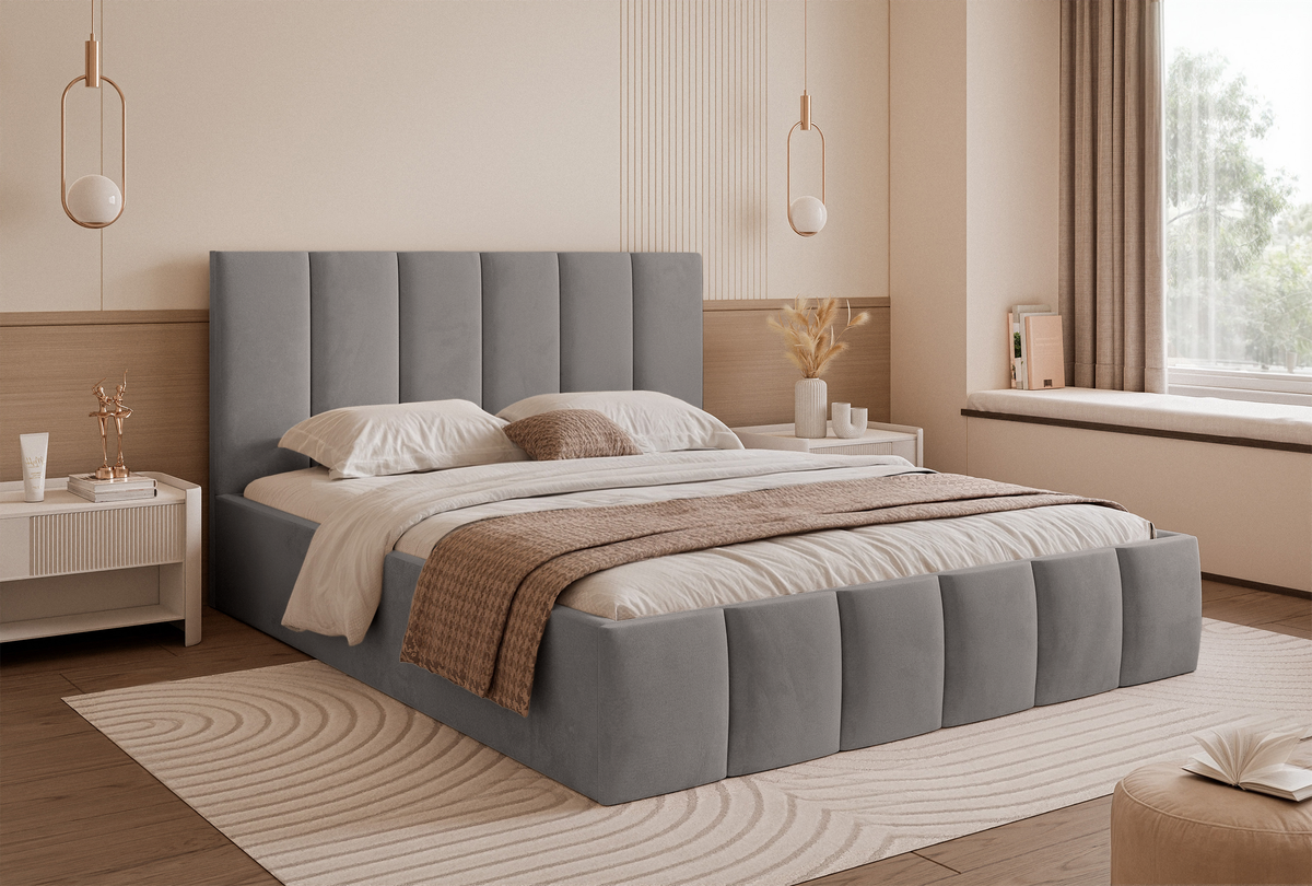 Lit tapissé 140x200 cm Sarafino avec rangement pour linge de lit, velours gris clair, cadre métallique