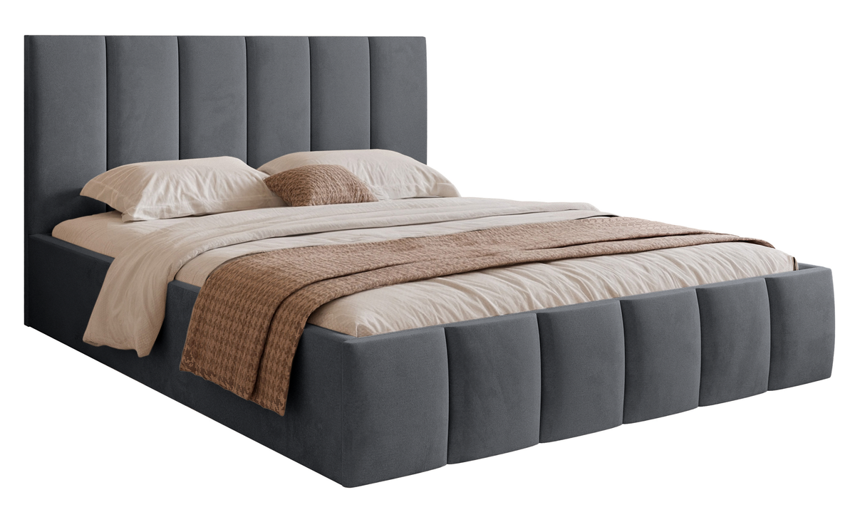Lit tapissé 140x200 cm Sarafino avec coffre de rangement pour la literie velours gris foncé cadre métallique