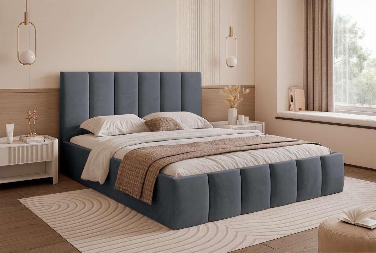 Lit tapissé 160x200 cm Sarafino avec coffre de rangement pour linge de lit, velours gris foncé, cadre métallique