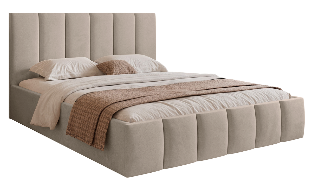 Lit tapissé 160x200 cm Sarafino avec coffre de rangement pour la literie, velours gris-beige, cadre métallique