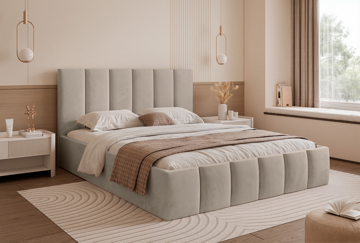 Lit tapissé 160x200 cm Sarafino avec coffre de rangement pour la literie, velours gris-beige, cadre métallique