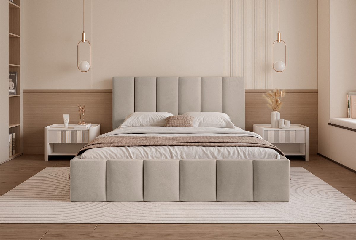 Lit tapissé 160x200 cm Sarafino avec coffre de rangement pour la literie, velours gris-beige, cadre métallique