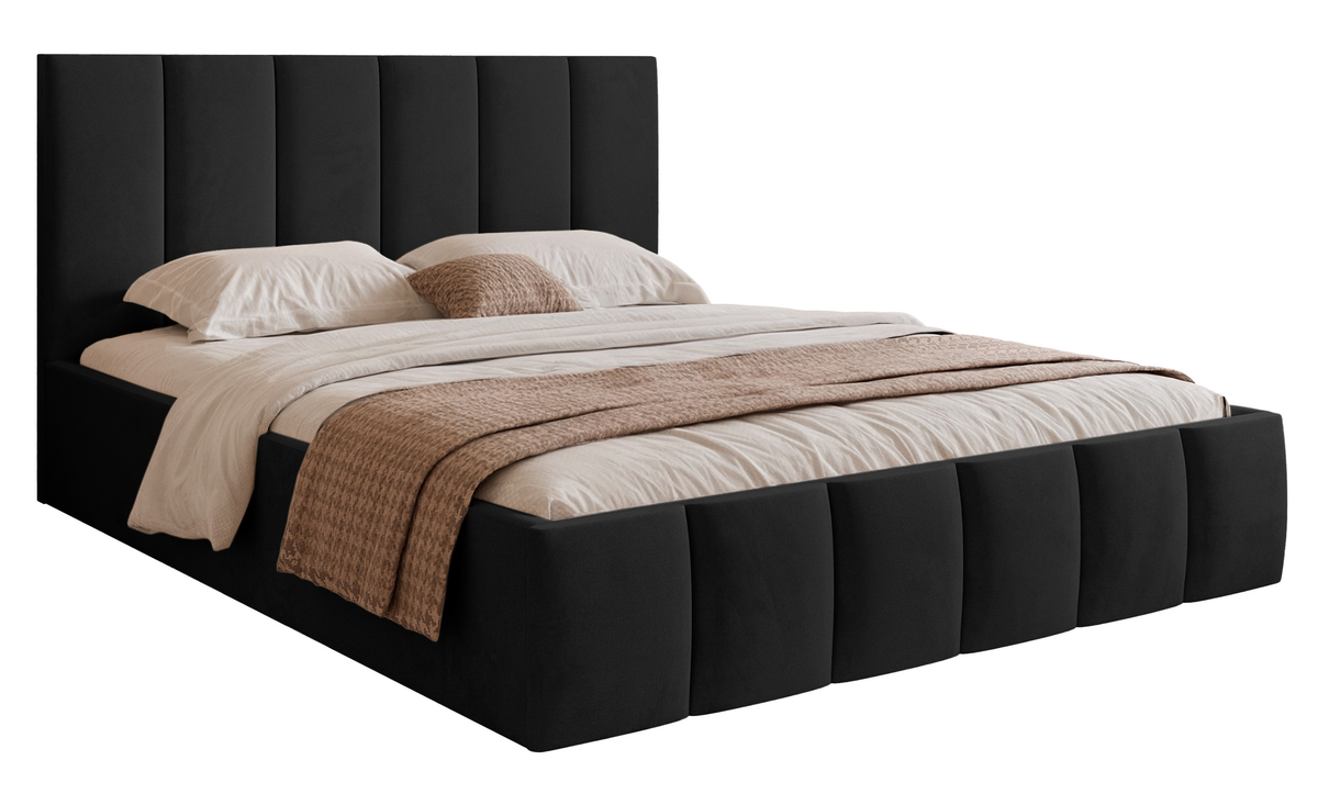 Lit tapissé 180x200 cm Sarafino avec coffre de rangement pour la literie, velours noir, cadre métallique
