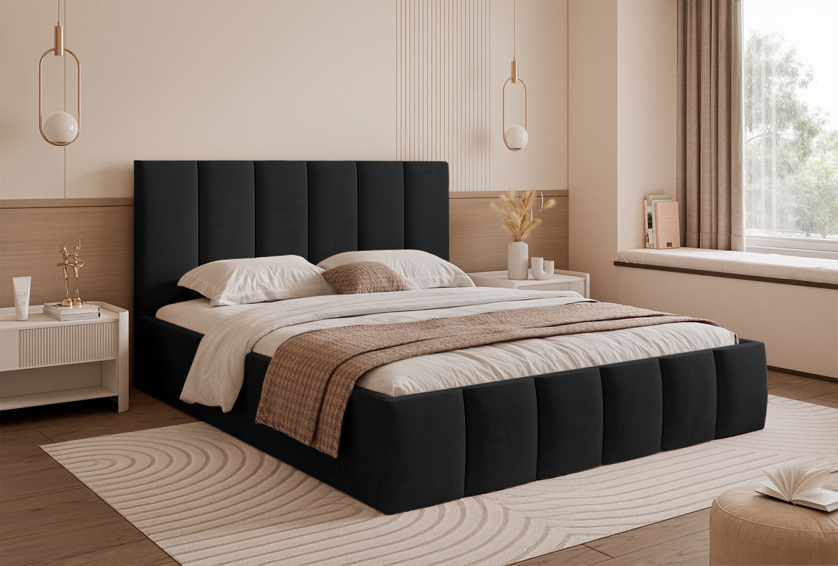 Lit tapissé 160x200 cm Sarafino avec rangement pour linge de lit, velours noir, cadre métallique