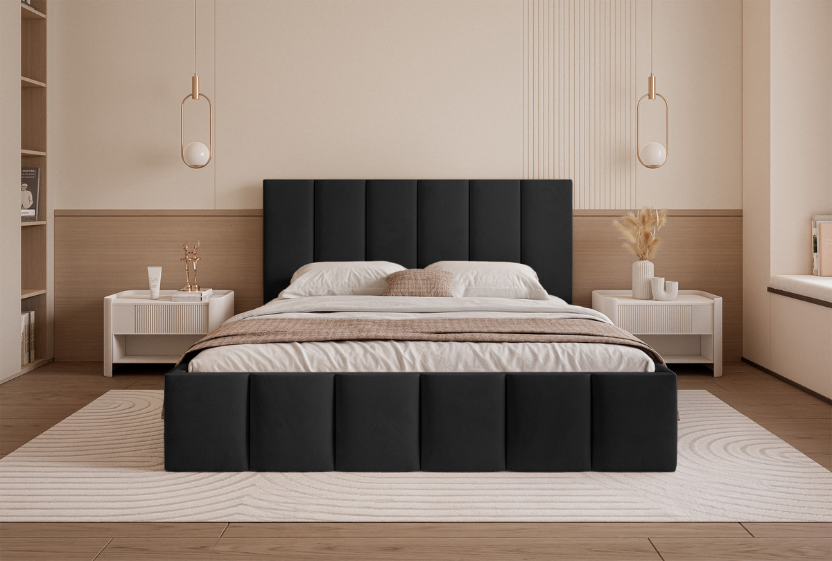 Polsterbett 140x200 cm Sarafino mit Bettkasten, schwarzer Samt, Metallrahmen