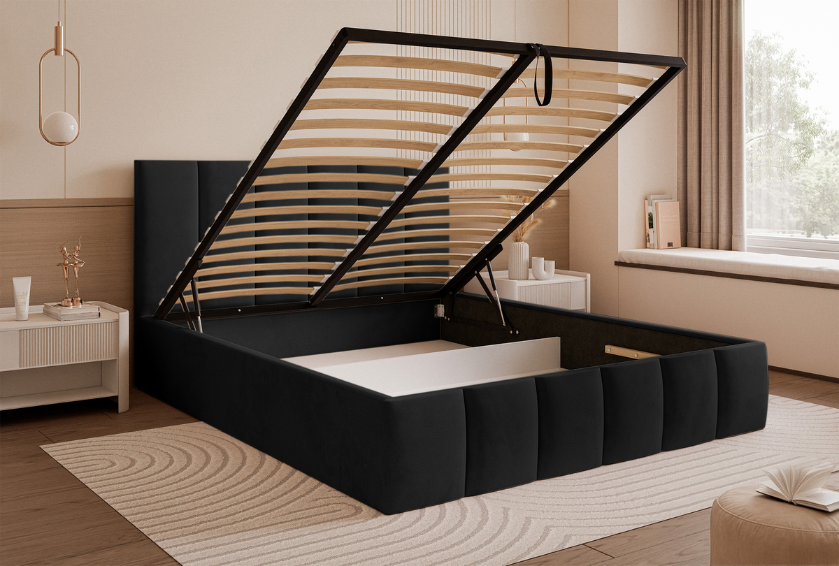 Lit tapissé 180x200 cm Sarafino avec coffre de rangement pour la literie, velours noir, cadre métallique