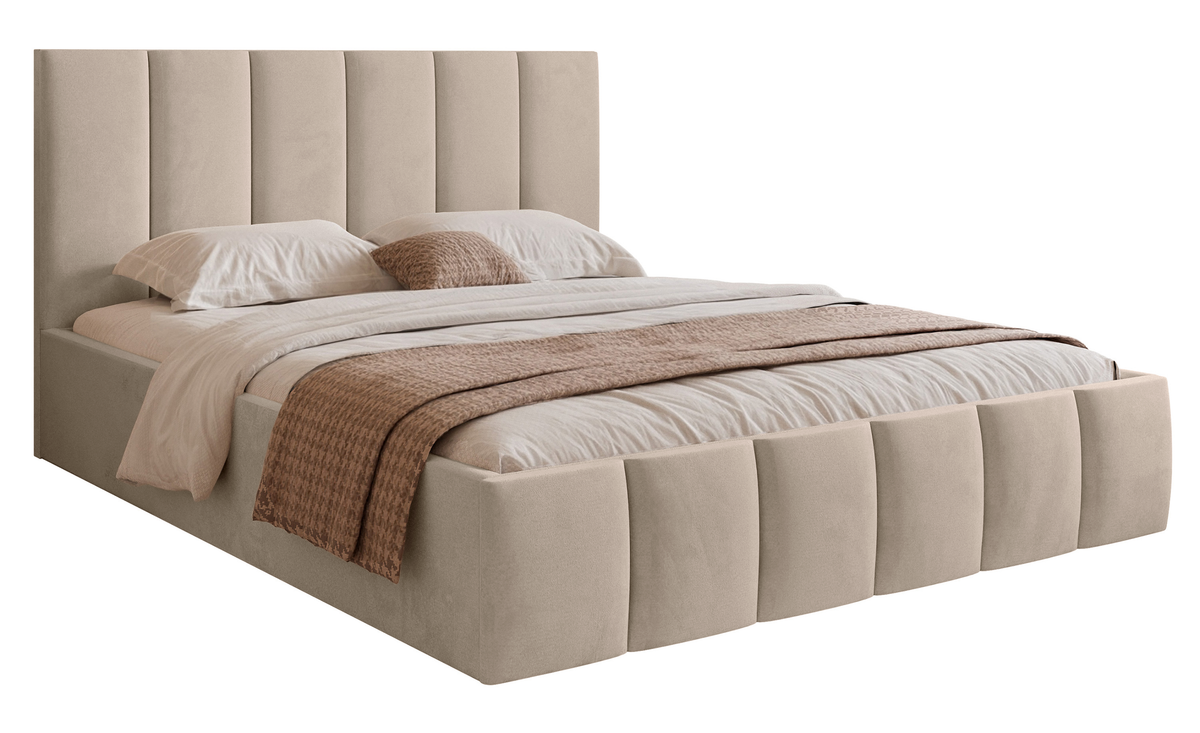 Polsterbett 180x200 cm Sarafino mit Bettkasten, beige Samt, Metallrahmen