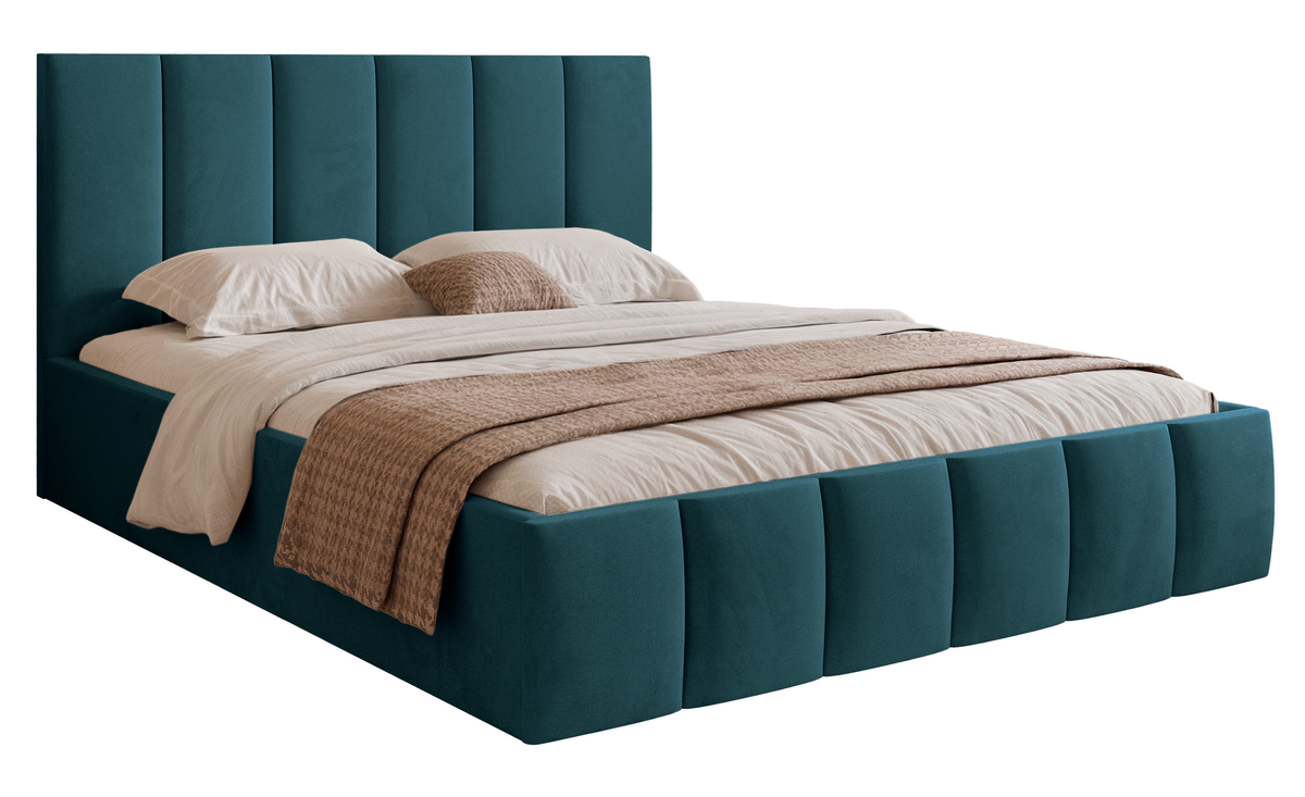 Lit tapissé 160x200 cm Sarafino avec coffre de rangement, velours turquoise, cadre métallique