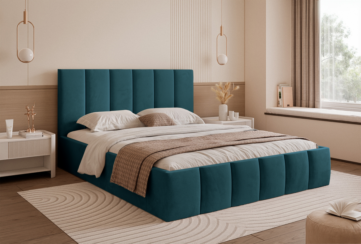 Lit tapissé 160x200 cm Sarafino avec coffre de rangement, velours turquoise, cadre métallique