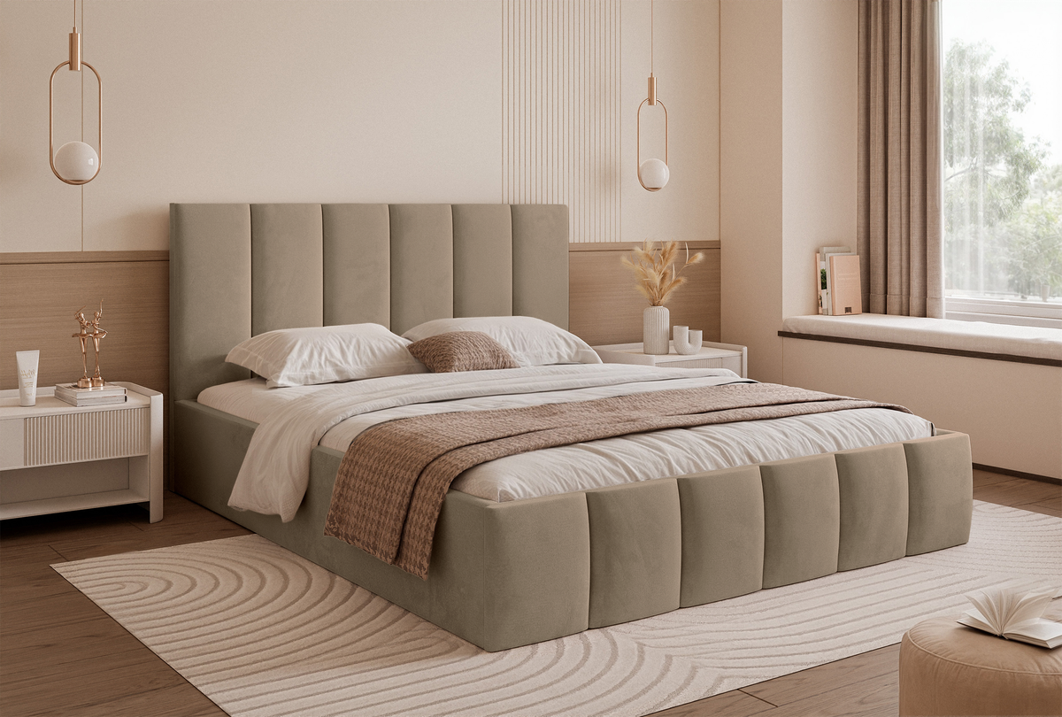 Lit tapissé 140x200 cm Sarafino avec rangement pour la literie, velours beige foncé, cadre métallique