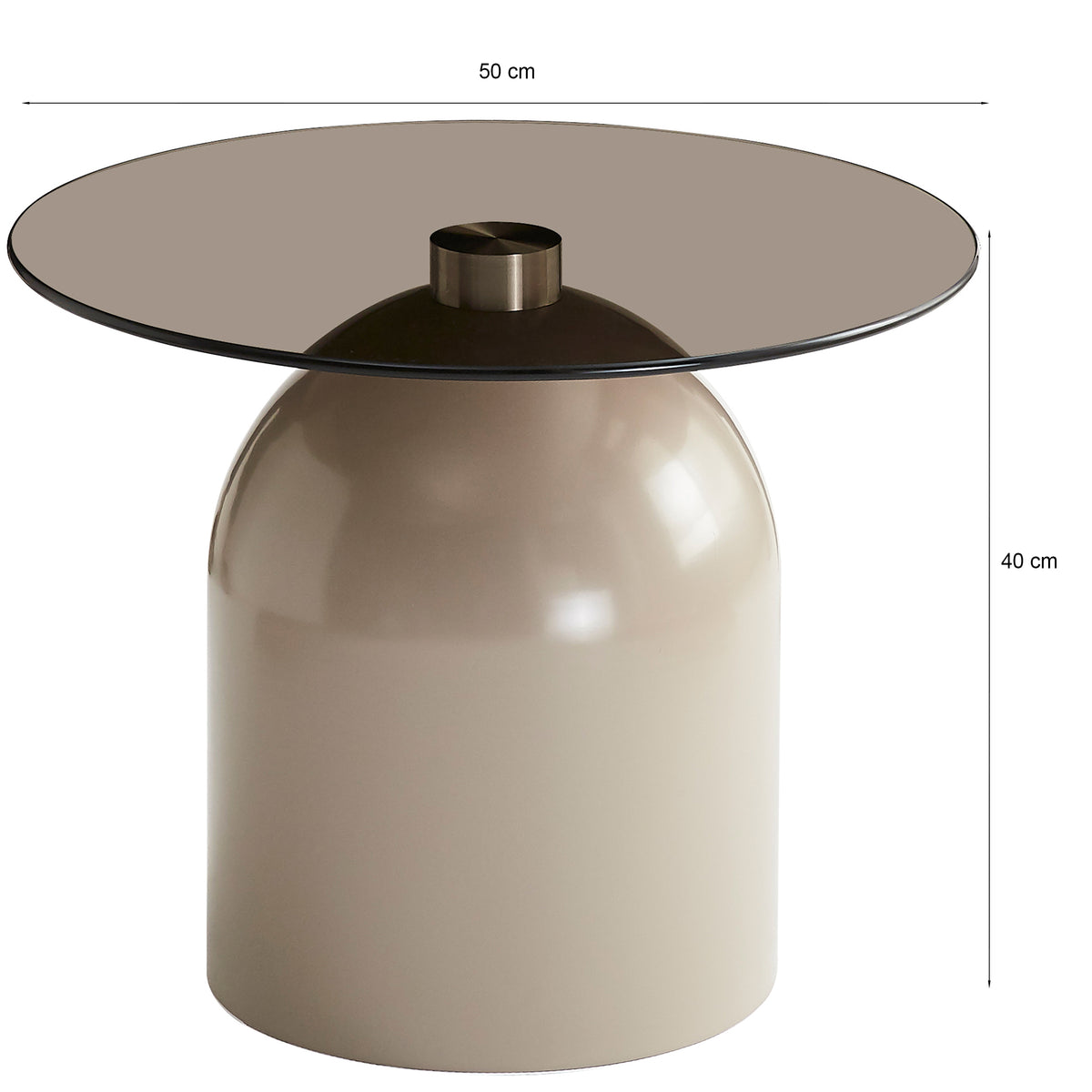 Table basse Velmorra ronde diamètre 50 cm avec plateau en verre fumé et base métallique cachemire