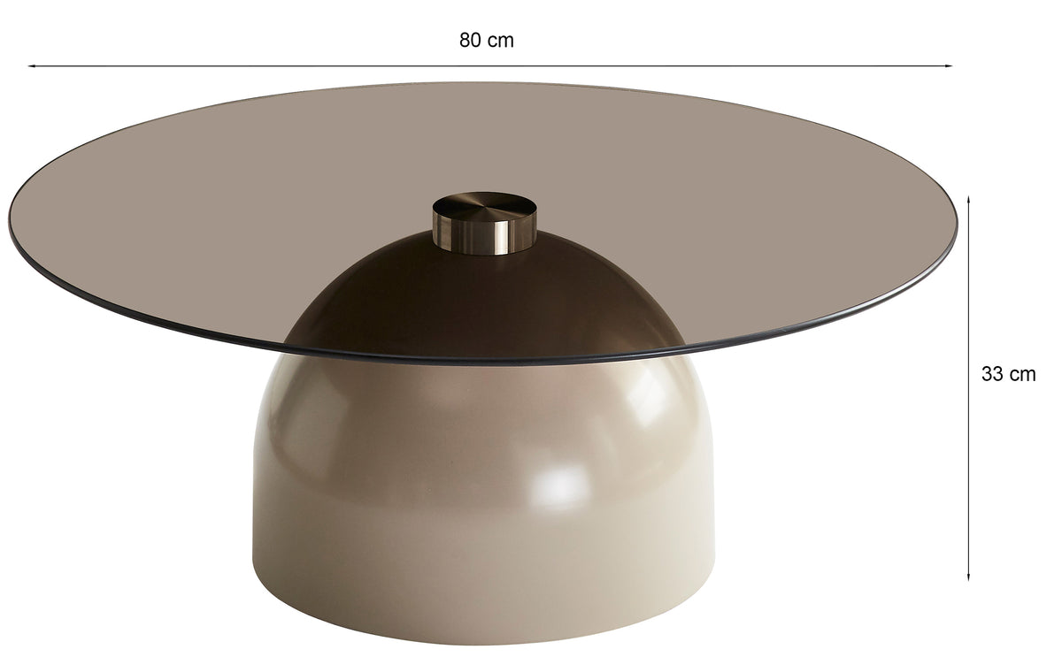 Runder Couchtisch Velmorra, Durchmesser 80 cm, mit rauchfarbenem Glasplatte und Metallgestell in Nussbaumoptik