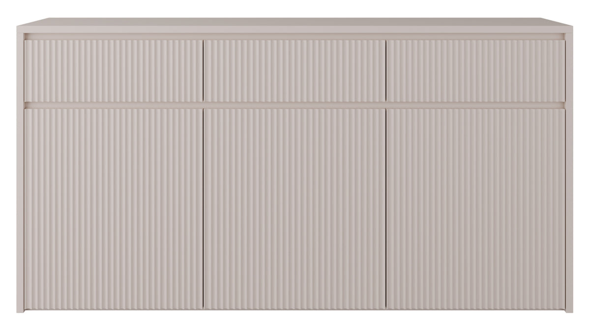 Commode trois portes Vemmi avec trois tiroirs 155 cm et façade rainurée cachemire