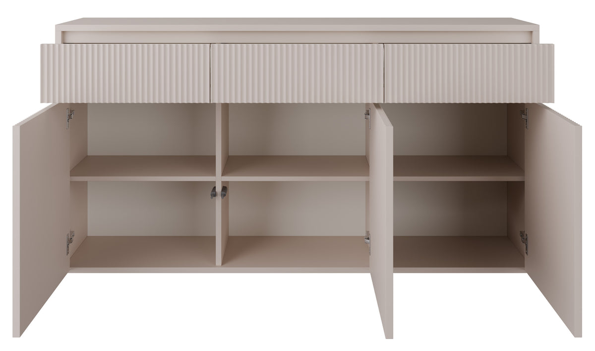 Commode trois portes Vemmi avec trois tiroirs 155 cm et façade rainurée cachemire