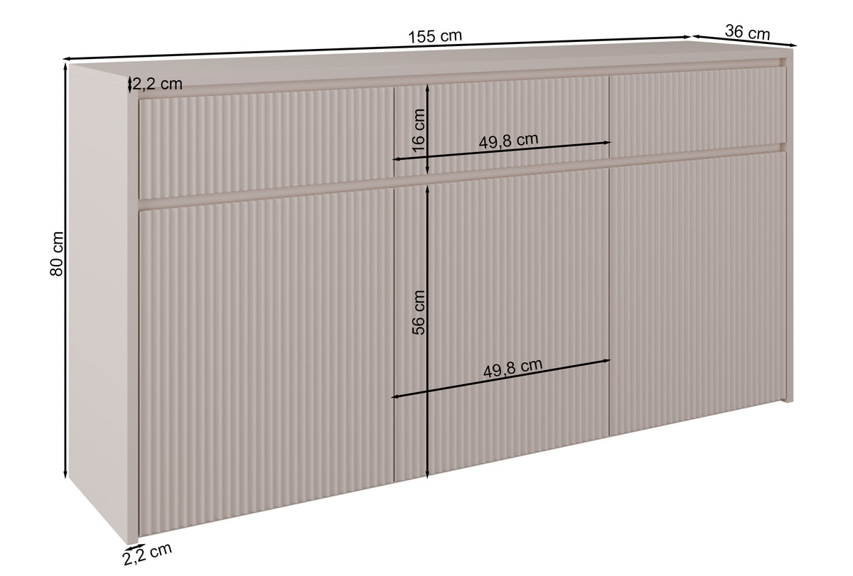 Commode trois portes Vemmi avec trois tiroirs 155 cm et façade rainurée cachemire