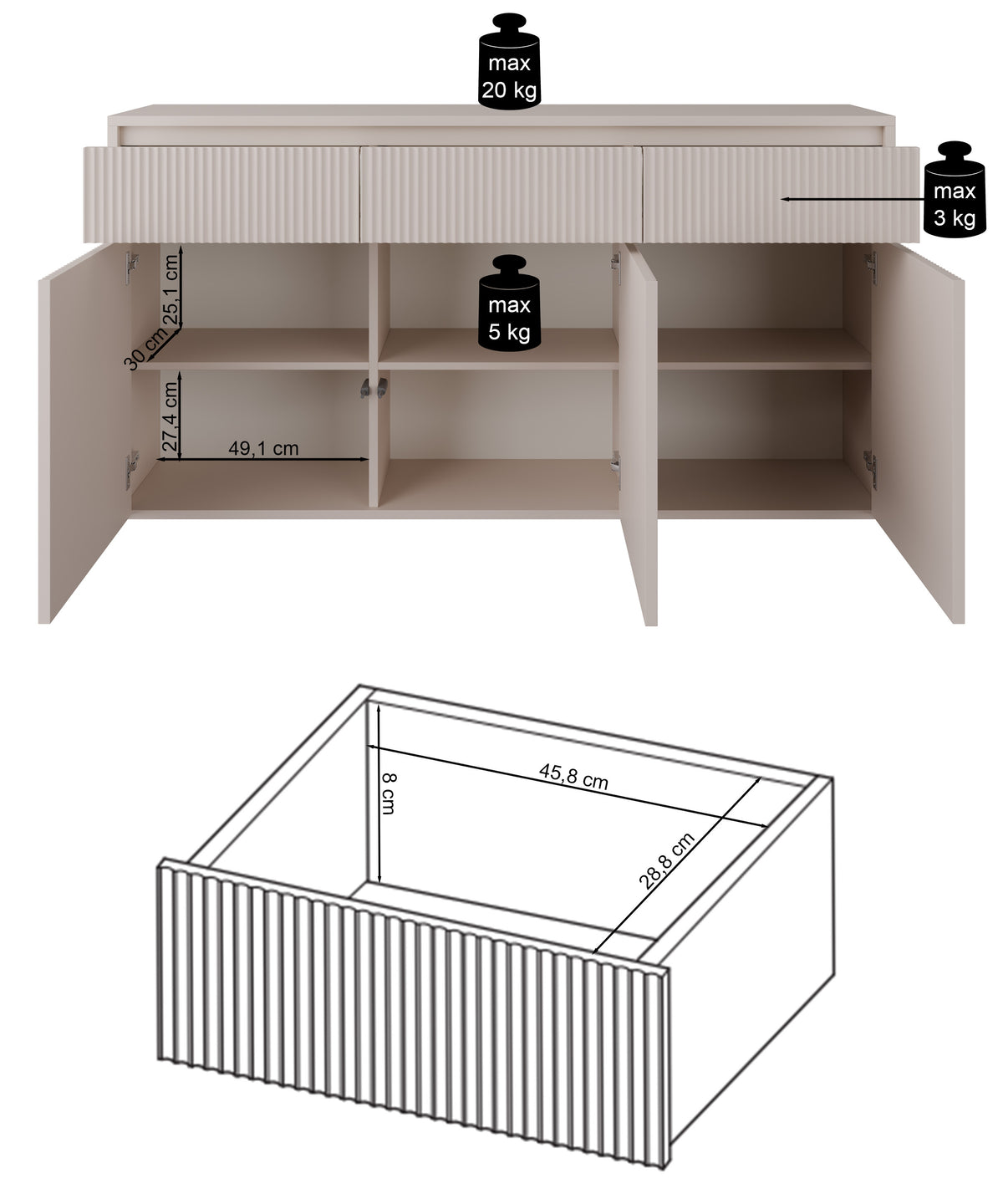Commode trois portes Vemmi avec trois tiroirs 155 cm et façade rainurée cachemire