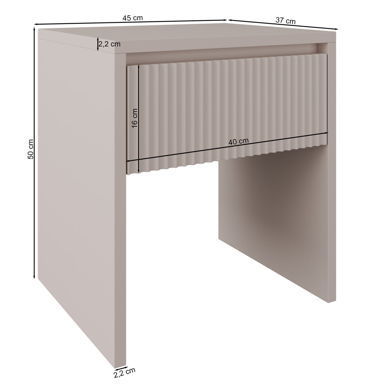 Table de chevet Vemmi 45 cm avec tiroir et façade rainurée cachemire