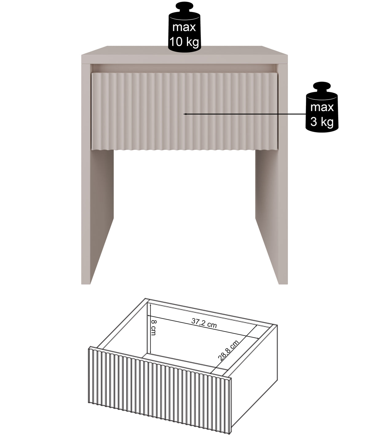 Table de chevet Vemmi 45 cm avec tiroir et façade rainurée cachemire