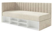 Lit jeune 90x200 cm Ventrio gauche avec rangement et étagères velours hydrofuge beige clair facile à nettoyer